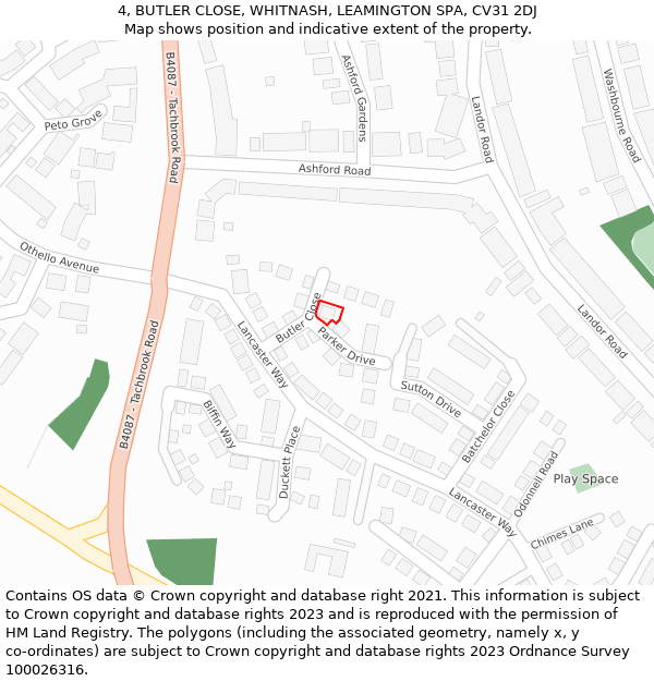 4, BUTLER CLOSE, WHITNASH, LEAMINGTON SPA, CV31 2DJ: Location map and indicative extent of plot