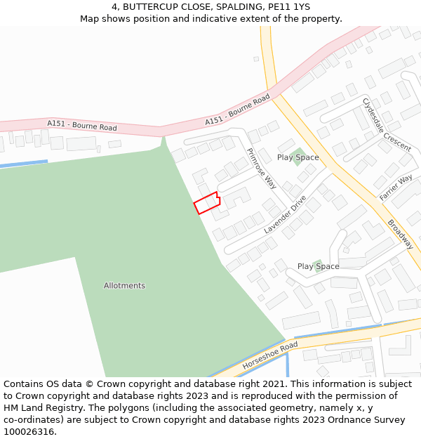 4, BUTTERCUP CLOSE, SPALDING, PE11 1YS: Location map and indicative extent of plot