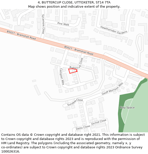 4, BUTTERCUP CLOSE, UTTOXETER, ST14 7TA: Location map and indicative extent of plot