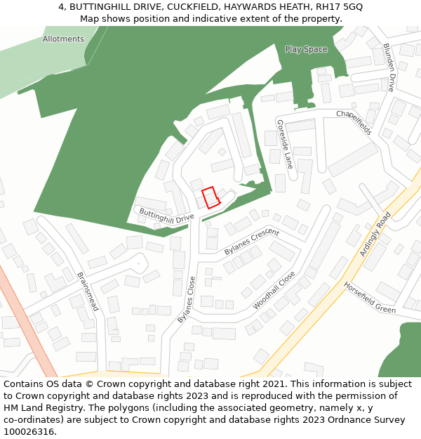 4, BUTTINGHILL DRIVE, CUCKFIELD, HAYWARDS HEATH, RH17 5GQ: Location map and indicative extent of plot