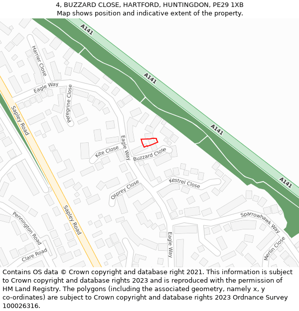 4, BUZZARD CLOSE, HARTFORD, HUNTINGDON, PE29 1XB: Location map and indicative extent of plot