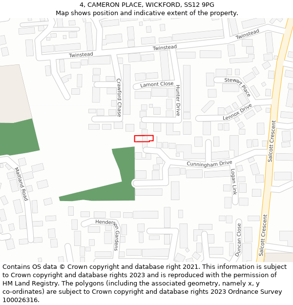 4, CAMERON PLACE, WICKFORD, SS12 9PG: Location map and indicative extent of plot