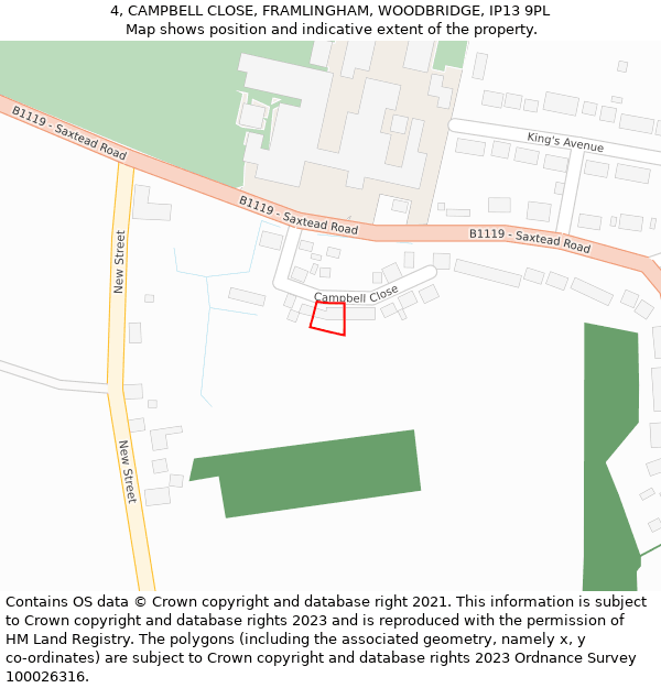 4, CAMPBELL CLOSE, FRAMLINGHAM, WOODBRIDGE, IP13 9PL: Location map and indicative extent of plot