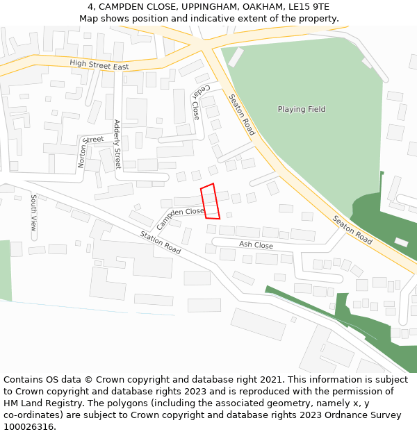 4, CAMPDEN CLOSE, UPPINGHAM, OAKHAM, LE15 9TE: Location map and indicative extent of plot