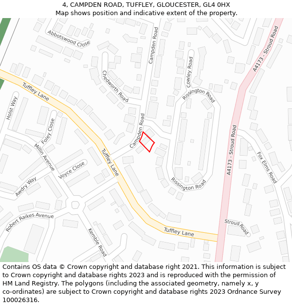 4, CAMPDEN ROAD, TUFFLEY, GLOUCESTER, GL4 0HX: Location map and indicative extent of plot