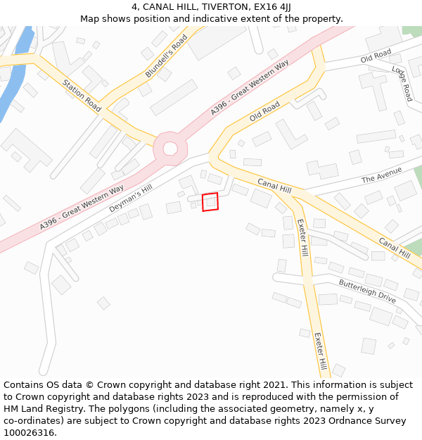 4, CANAL HILL, TIVERTON, EX16 4JJ: Location map and indicative extent of plot