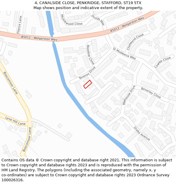 4, CANALSIDE CLOSE, PENKRIDGE, STAFFORD, ST19 5TX: Location map and indicative extent of plot