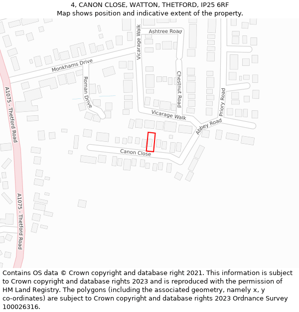 4, CANON CLOSE, WATTON, THETFORD, IP25 6RF: Location map and indicative extent of plot