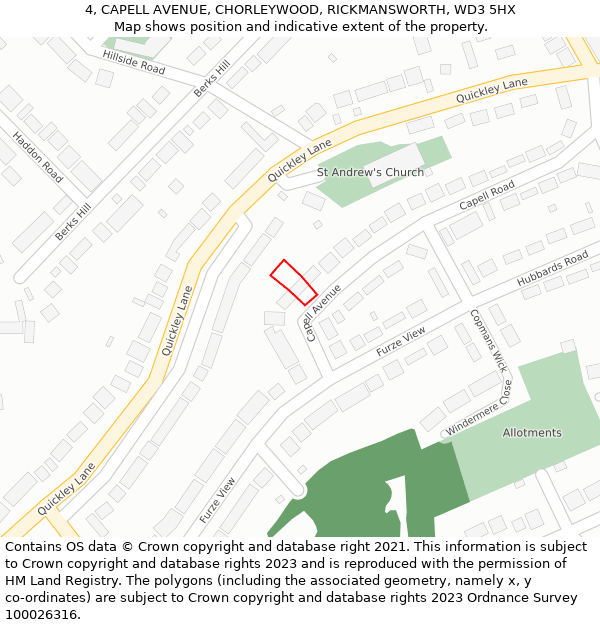 4, CAPELL AVENUE, CHORLEYWOOD, RICKMANSWORTH, WD3 5HX: Location map and indicative extent of plot