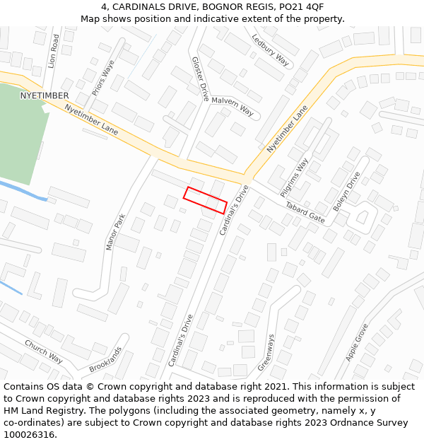 4, CARDINALS DRIVE, BOGNOR REGIS, PO21 4QF: Location map and indicative extent of plot