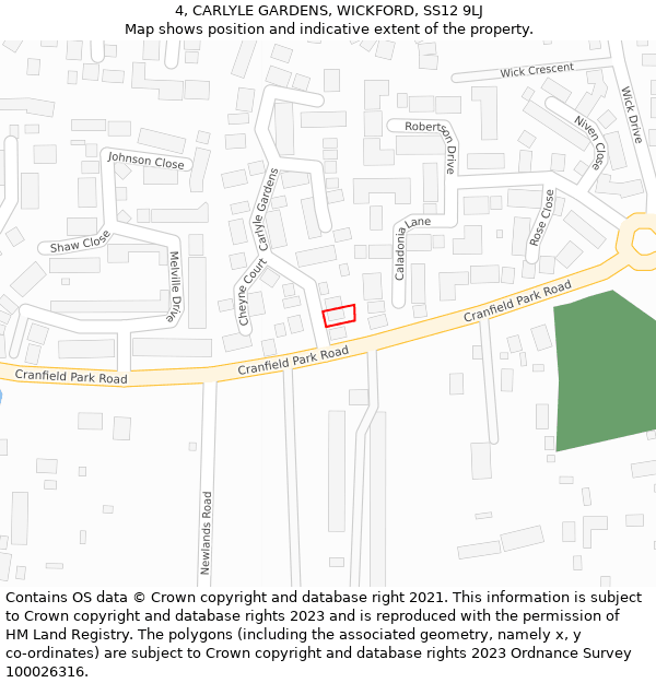 4, CARLYLE GARDENS, WICKFORD, SS12 9LJ: Location map and indicative extent of plot