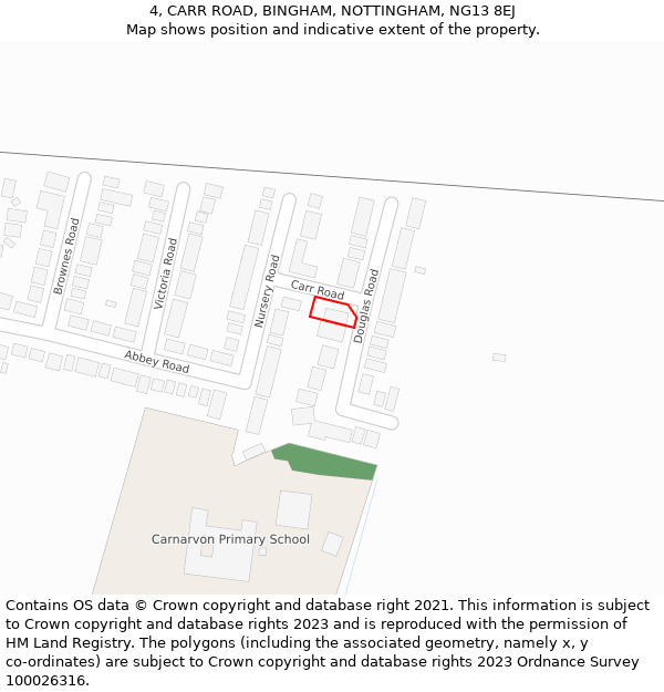 4, CARR ROAD, BINGHAM, NOTTINGHAM, NG13 8EJ: Location map and indicative extent of plot