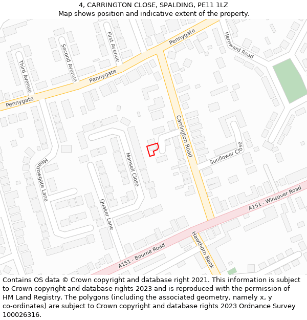 4, CARRINGTON CLOSE, SPALDING, PE11 1LZ: Location map and indicative extent of plot