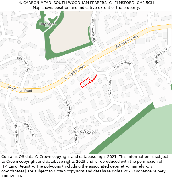 4, CARRON MEAD, SOUTH WOODHAM FERRERS, CHELMSFORD, CM3 5GH: Location map and indicative extent of plot