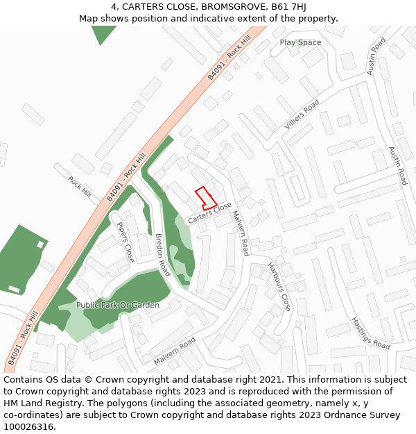 4, CARTERS CLOSE, BROMSGROVE, B61 7HJ: Location map and indicative extent of plot
