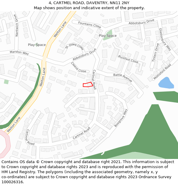 4, CARTMEL ROAD, DAVENTRY, NN11 2NY: Location map and indicative extent of plot