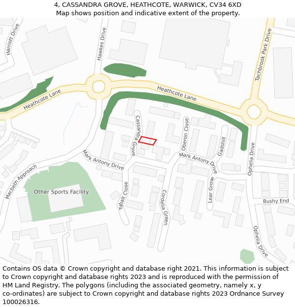 4, CASSANDRA GROVE, HEATHCOTE, WARWICK, CV34 6XD: Location map and indicative extent of plot