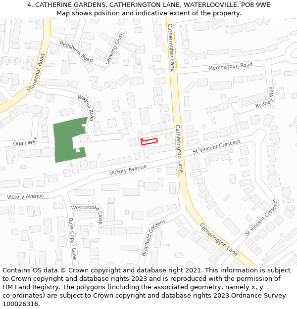 4, CATHERINE GARDENS, CATHERINGTON LANE, WATERLOOVILLE, PO8 9WE: Location map and indicative extent of plot
