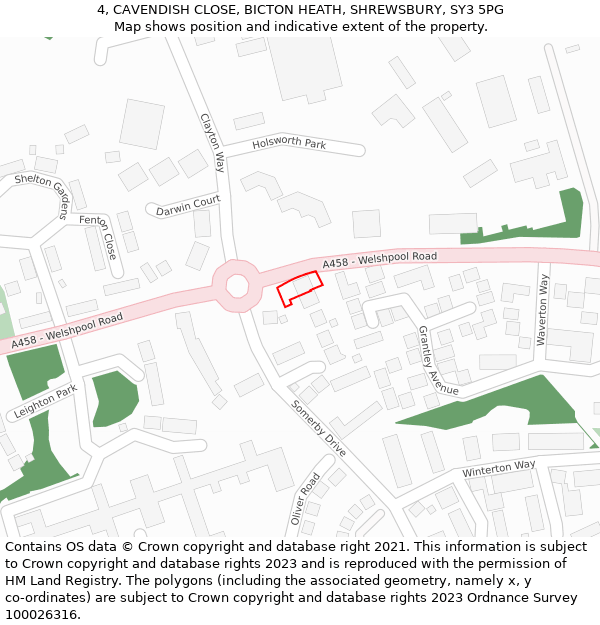 4, CAVENDISH CLOSE, BICTON HEATH, SHREWSBURY, SY3 5PG: Location map and indicative extent of plot