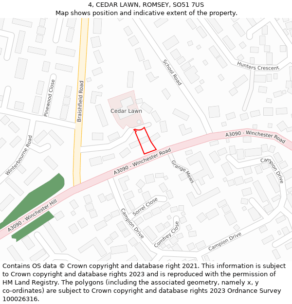 4, CEDAR LAWN, ROMSEY, SO51 7US: Location map and indicative extent of plot