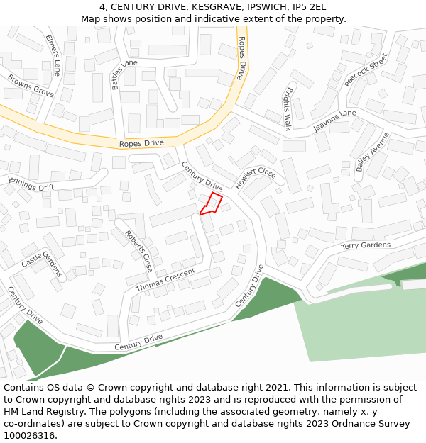 4, CENTURY DRIVE, KESGRAVE, IPSWICH, IP5 2EL: Location map and indicative extent of plot