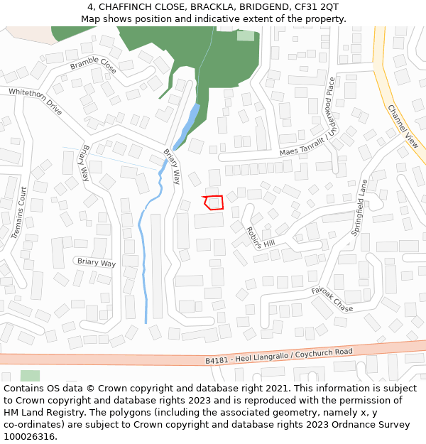 4, CHAFFINCH CLOSE, BRACKLA, BRIDGEND, CF31 2QT: Location map and indicative extent of plot