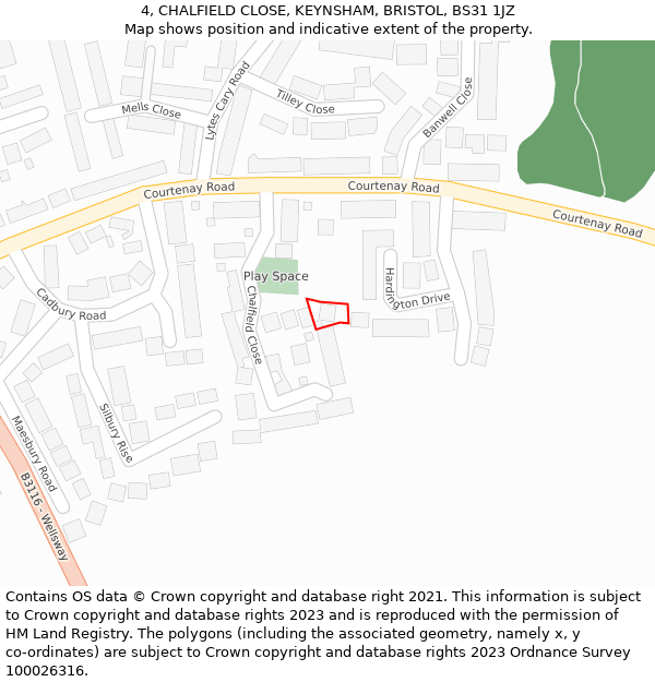 4, CHALFIELD CLOSE, KEYNSHAM, BRISTOL, BS31 1JZ: Location map and indicative extent of plot