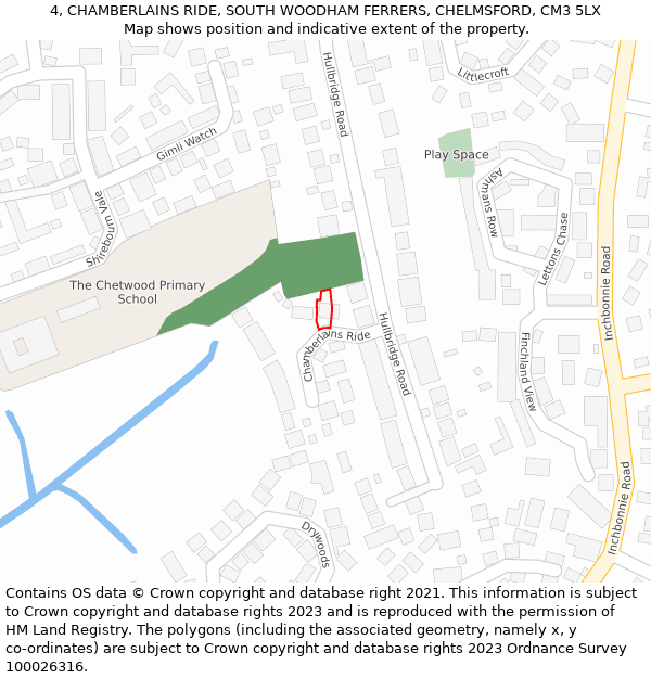 4, CHAMBERLAINS RIDE, SOUTH WOODHAM FERRERS, CHELMSFORD, CM3 5LX: Location map and indicative extent of plot