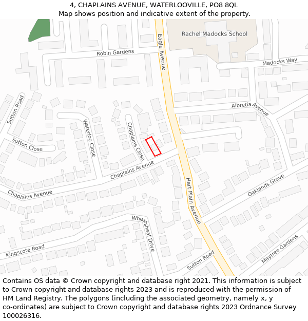 4, CHAPLAINS AVENUE, WATERLOOVILLE, PO8 8QL: Location map and indicative extent of plot