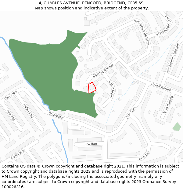 4, CHARLES AVENUE, PENCOED, BRIDGEND, CF35 6SJ: Location map and indicative extent of plot