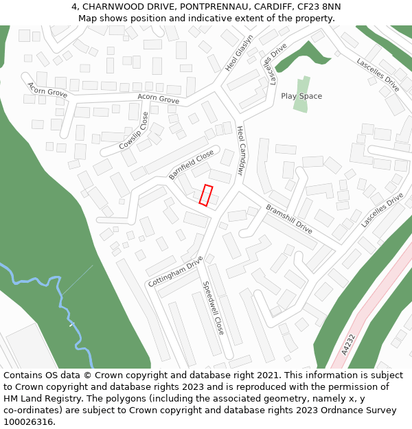 4, CHARNWOOD DRIVE, PONTPRENNAU, CARDIFF, CF23 8NN: Location map and indicative extent of plot