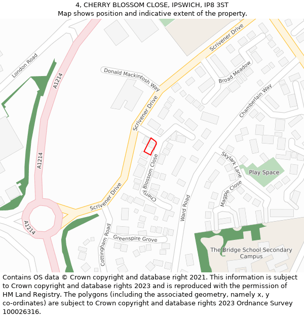 4, CHERRY BLOSSOM CLOSE, IPSWICH, IP8 3ST: Location map and indicative extent of plot