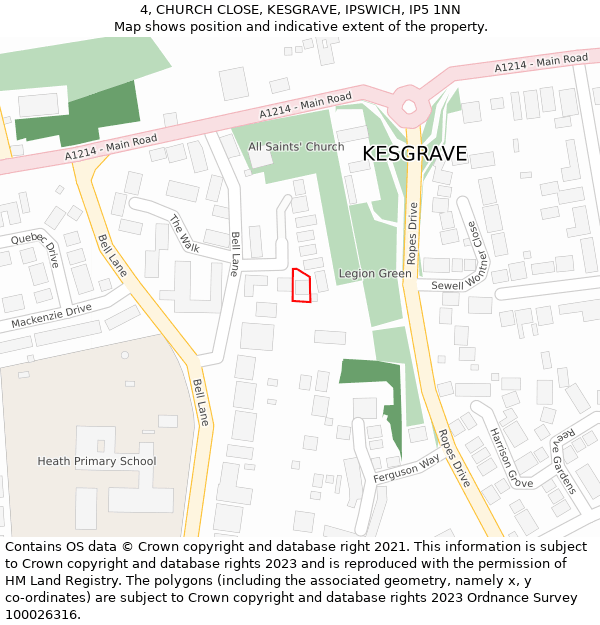 4, CHURCH CLOSE, KESGRAVE, IPSWICH, IP5 1NN: Location map and indicative extent of plot