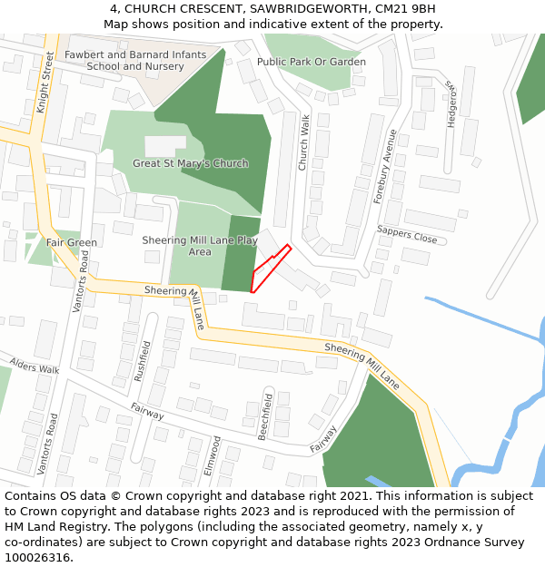 4, CHURCH CRESCENT, SAWBRIDGEWORTH, CM21 9BH: Location map and indicative extent of plot