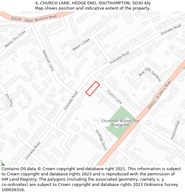 4, CHURCH LANE, HEDGE END, SOUTHAMPTON, SO30 4AJ: Location map and indicative extent of plot