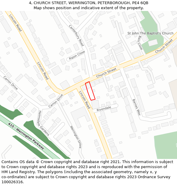 4, CHURCH STREET, WERRINGTON, PETERBOROUGH, PE4 6QB: Location map and indicative extent of plot