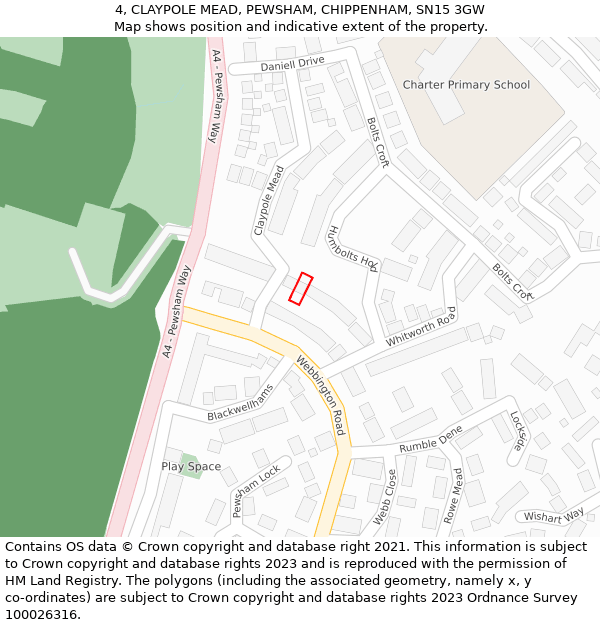 4, CLAYPOLE MEAD, PEWSHAM, CHIPPENHAM, SN15 3GW: Location map and indicative extent of plot