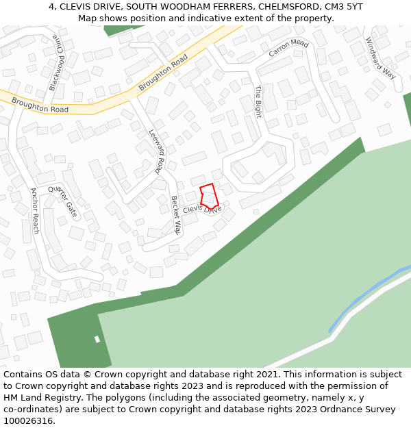 4, CLEVIS DRIVE, SOUTH WOODHAM FERRERS, CHELMSFORD, CM3 5YT: Location map and indicative extent of plot