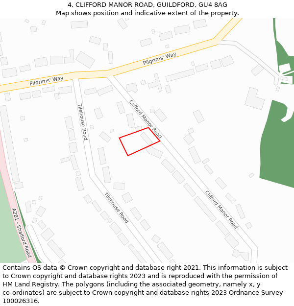 4, CLIFFORD MANOR ROAD, GUILDFORD, GU4 8AG: Location map and indicative extent of plot