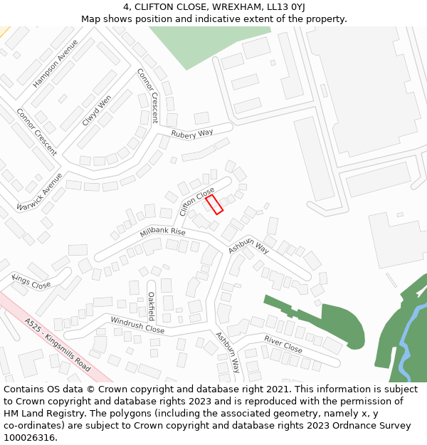 4, CLIFTON CLOSE, WREXHAM, LL13 0YJ: Location map and indicative extent of plot