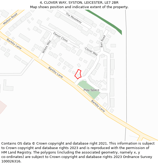 4, CLOVER WAY, SYSTON, LEICESTER, LE7 2BR: Location map and indicative extent of plot