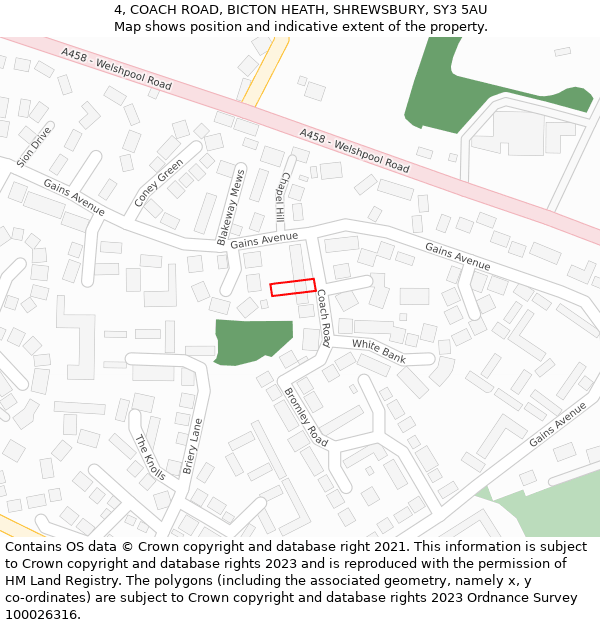 4, COACH ROAD, BICTON HEATH, SHREWSBURY, SY3 5AU: Location map and indicative extent of plot