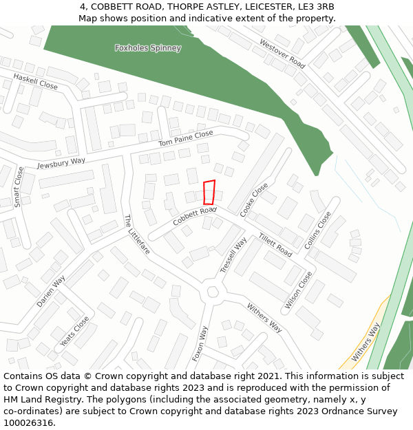 4, COBBETT ROAD, THORPE ASTLEY, LEICESTER, LE3 3RB: Location map and indicative extent of plot