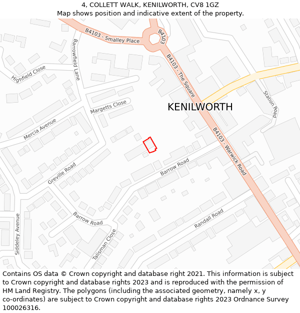 4, COLLETT WALK, KENILWORTH, CV8 1GZ: Location map and indicative extent of plot