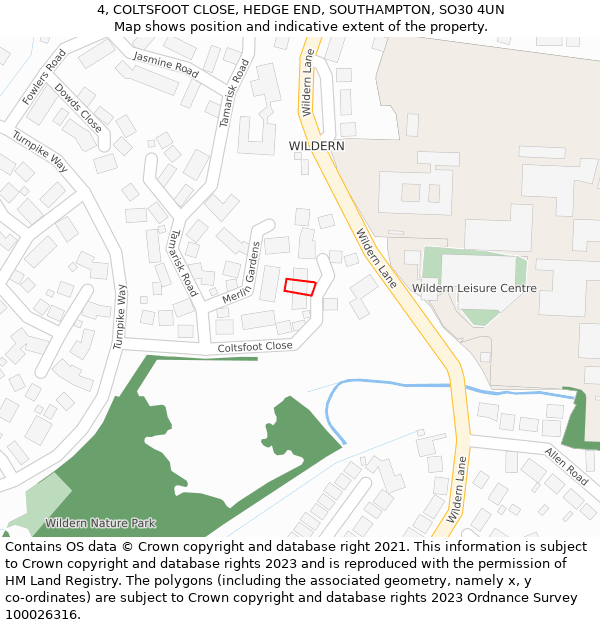 4, COLTSFOOT CLOSE, HEDGE END, SOUTHAMPTON, SO30 4UN: Location map and indicative extent of plot