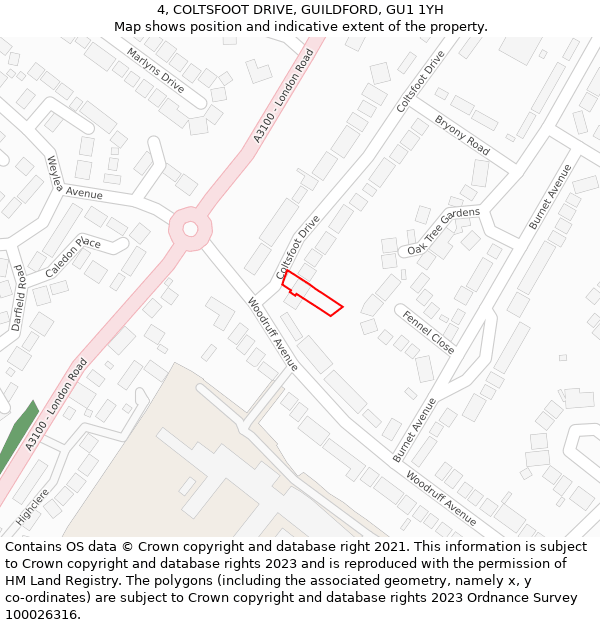 4, COLTSFOOT DRIVE, GUILDFORD, GU1 1YH: Location map and indicative extent of plot