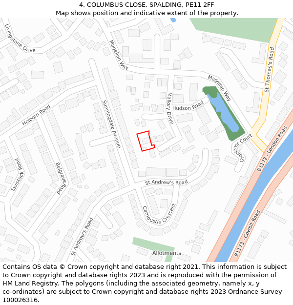 4, COLUMBUS CLOSE, SPALDING, PE11 2FF: Location map and indicative extent of plot