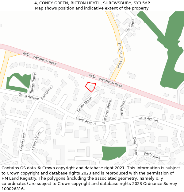 4, CONEY GREEN, BICTON HEATH, SHREWSBURY, SY3 5AP: Location map and indicative extent of plot