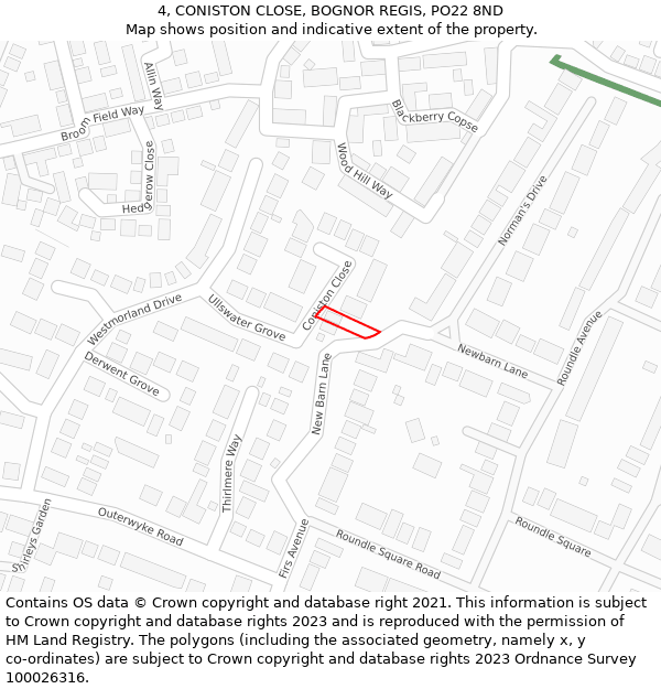 4, CONISTON CLOSE, BOGNOR REGIS, PO22 8ND: Location map and indicative extent of plot