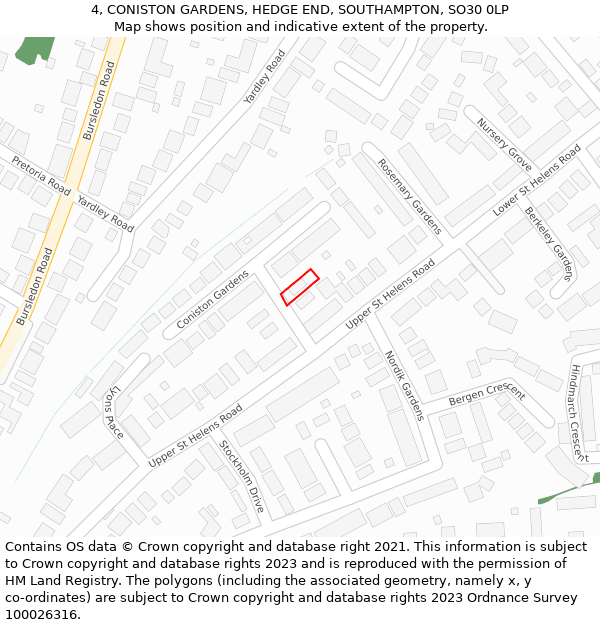 4, CONISTON GARDENS, HEDGE END, SOUTHAMPTON, SO30 0LP: Location map and indicative extent of plot